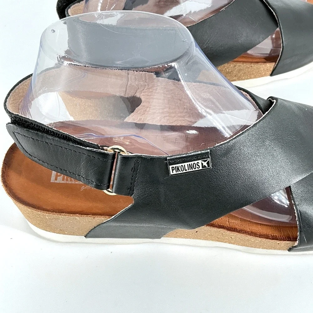 Pikolinos Black Size 9.5 Leather Crisscross Wedge Slingback Sandals Mahon Spain - Picture 8 of 13